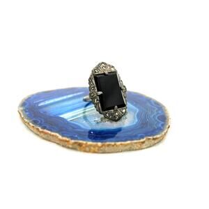Art Deco Silvertone Black Glass and Marcasite Ring